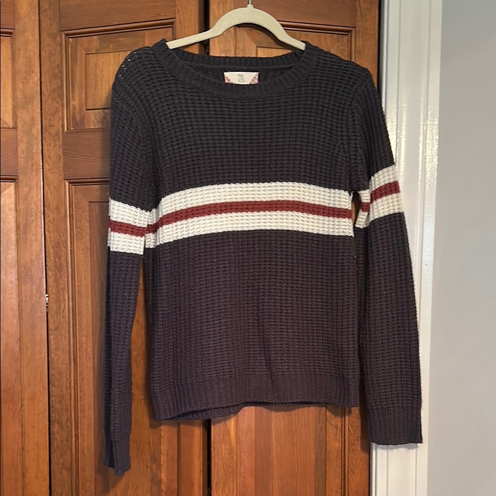Pink Rose Gray and White Crew Neck Sweater with Ribbed Knit